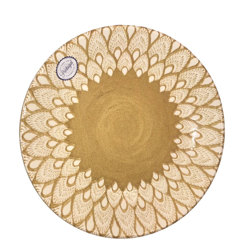 NEW‎ 9.5"D Sand Tan & WHITE Pattern DESIGN ROUND Bowl Dish MADE IN PORTUGAL